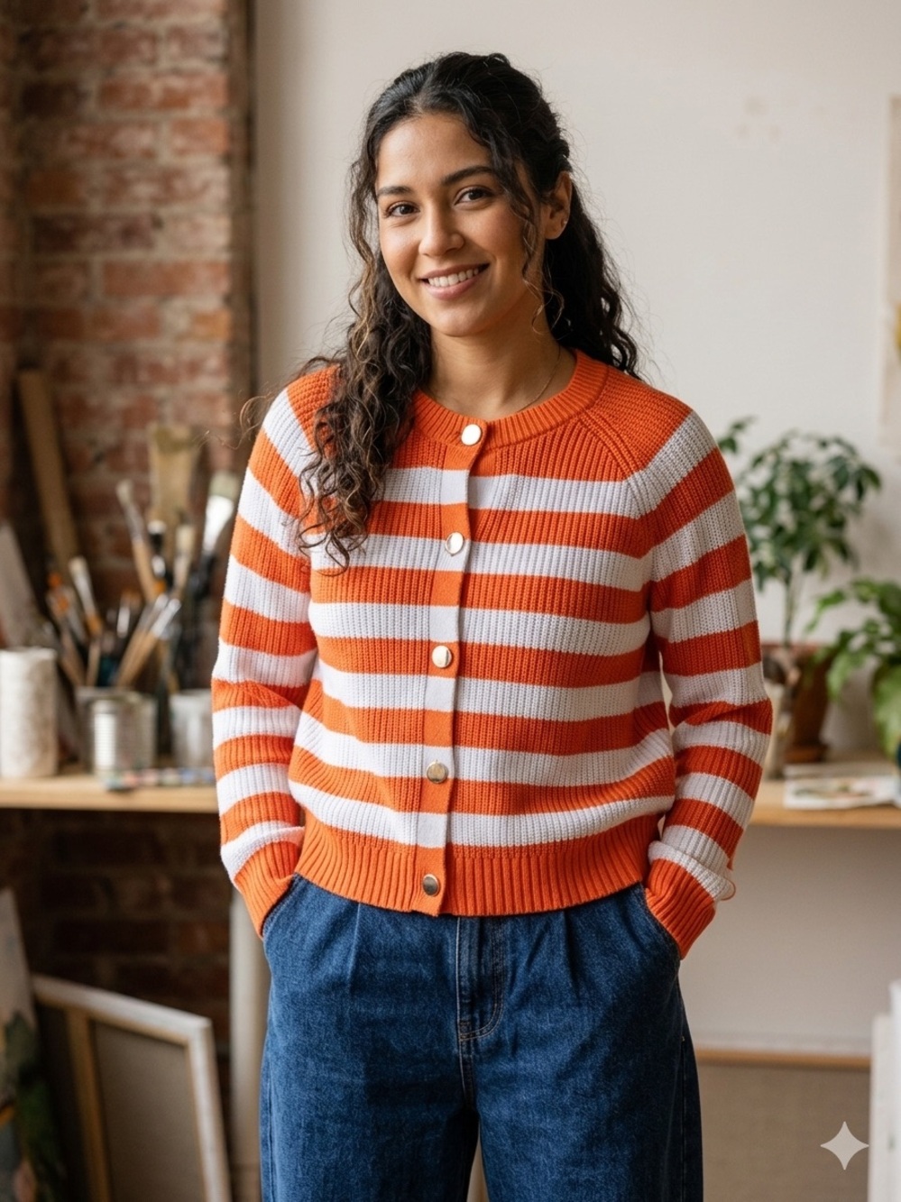 Market & Spruce Orange and White Striped Off-the-Shoulder Sweater